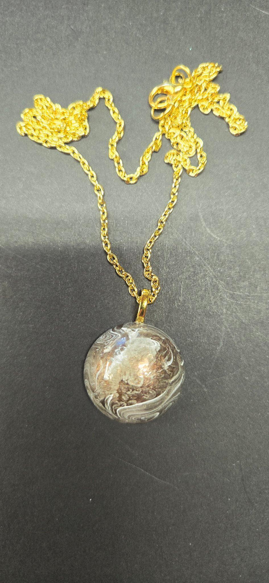 Handmade White & Copper Marbled Resin Dome Pendant Necklace – Gold Chain, One of a Kind
