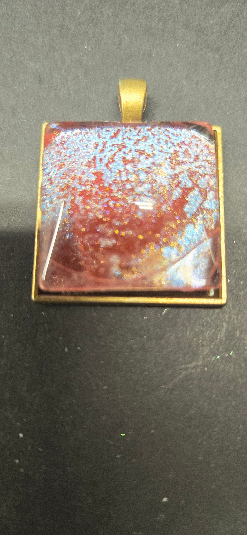 Handmade Pink-to-Red Chameleon Resin Pendant – Square, Gold Setting
