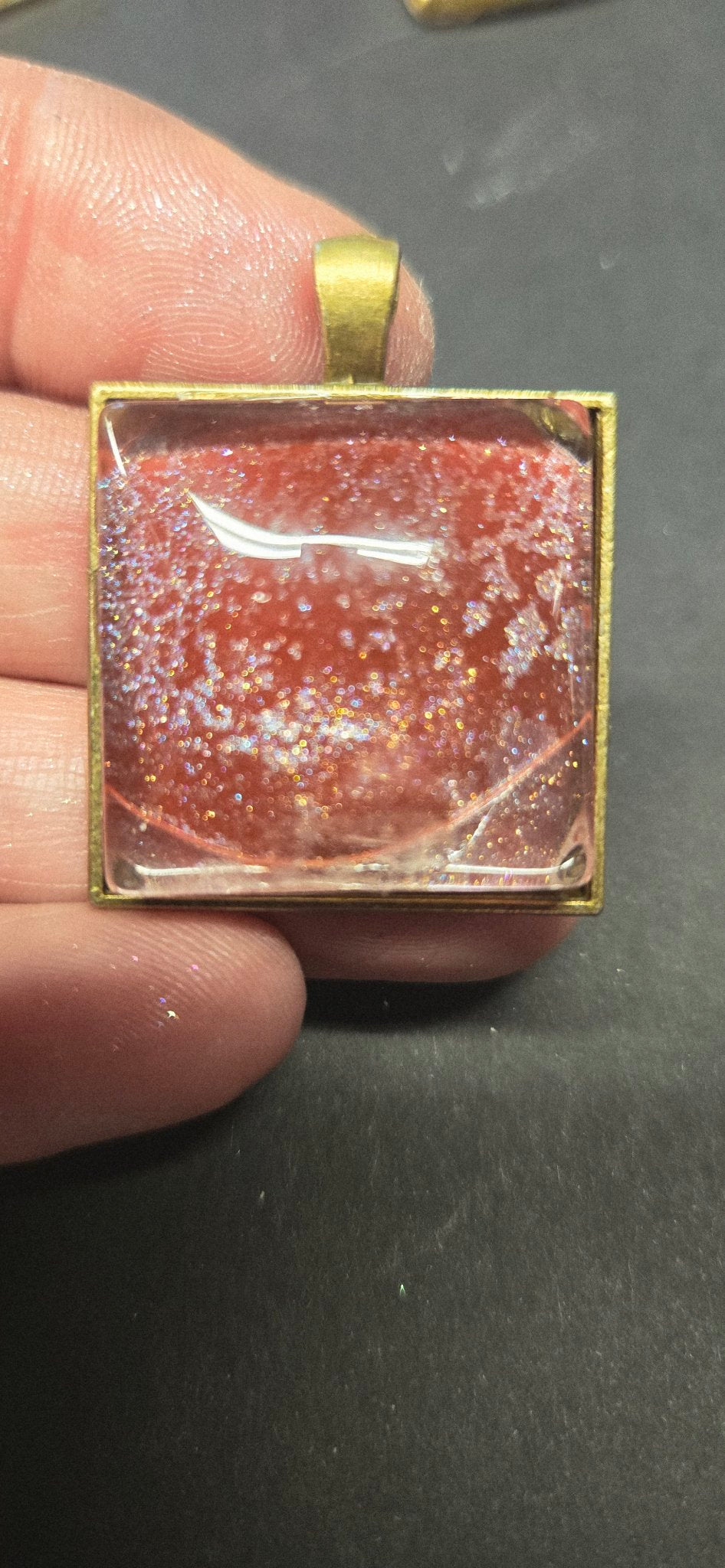 Handmade Pink-to-Red Chameleon Resin Pendant – Square, Gold Setting
