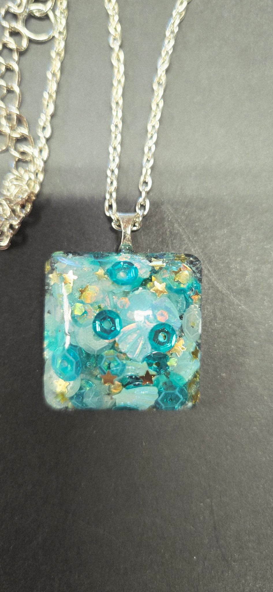 Handmade Aqua Blue Shell Confetti Square Resin Pendant Necklace – Silver Chain, One of a Kind