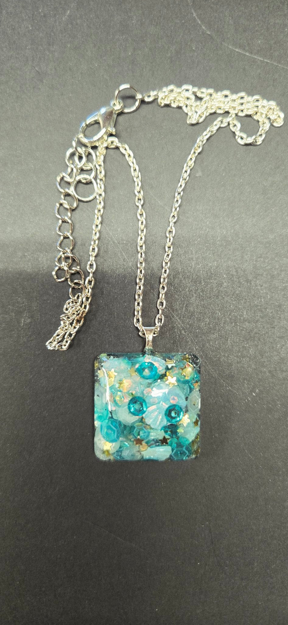 Handmade Aqua Blue Shell Confetti Square Resin Pendant Necklace – Silver Chain, One of a Kind