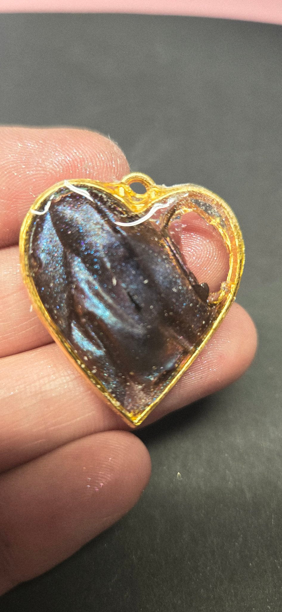 Handmade Purple Chameleon Resin Heart Pendant – Gold Setting