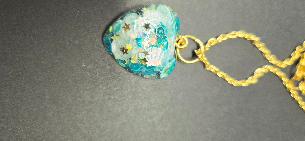 Handmade Aqua Blue Shell Confetti Teardrop Resin Pendant Necklace – Gold Chain, One of a Kind