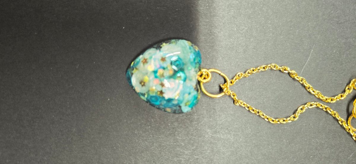Handmade Aqua Blue Shell Confetti Teardrop Resin Pendant Necklace – Gold Chain, One of a Kind