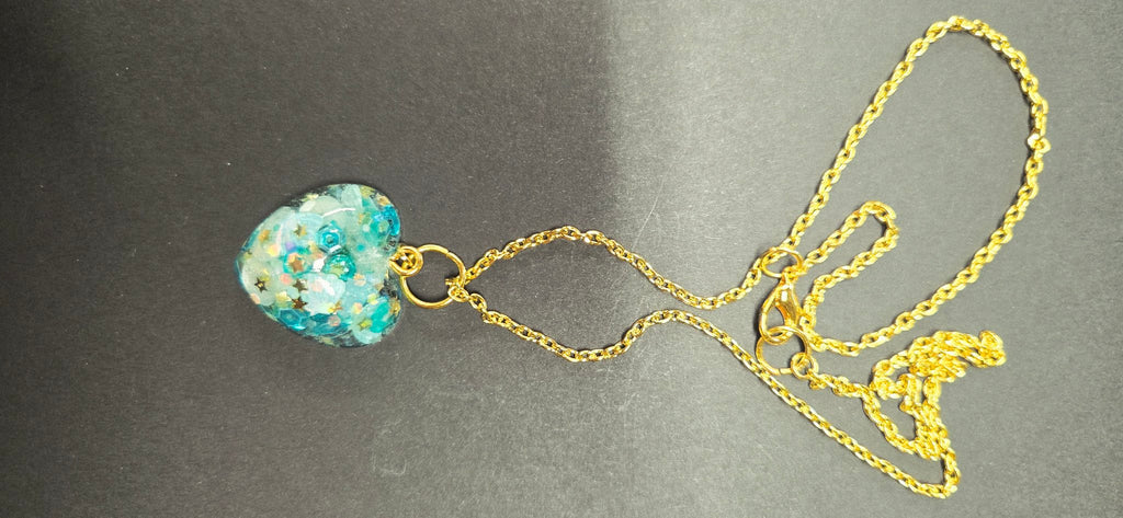 Handmade Aqua Blue Shell Confetti Teardrop Resin Pendant Necklace – Gold Chain, One of a Kind
