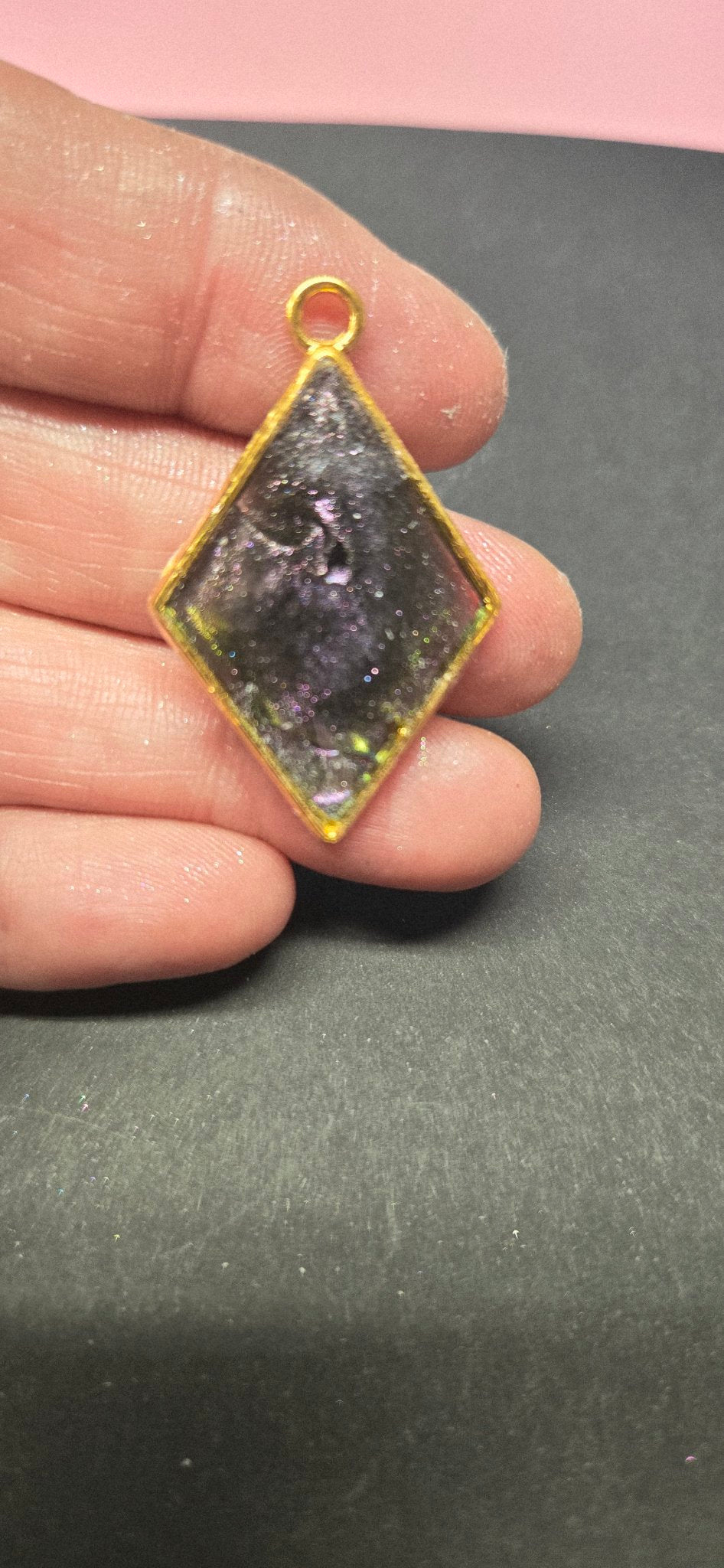 Handmade Dark Iridescent Chameleon Resin Pendant – Diamond Shape, Gold Setting