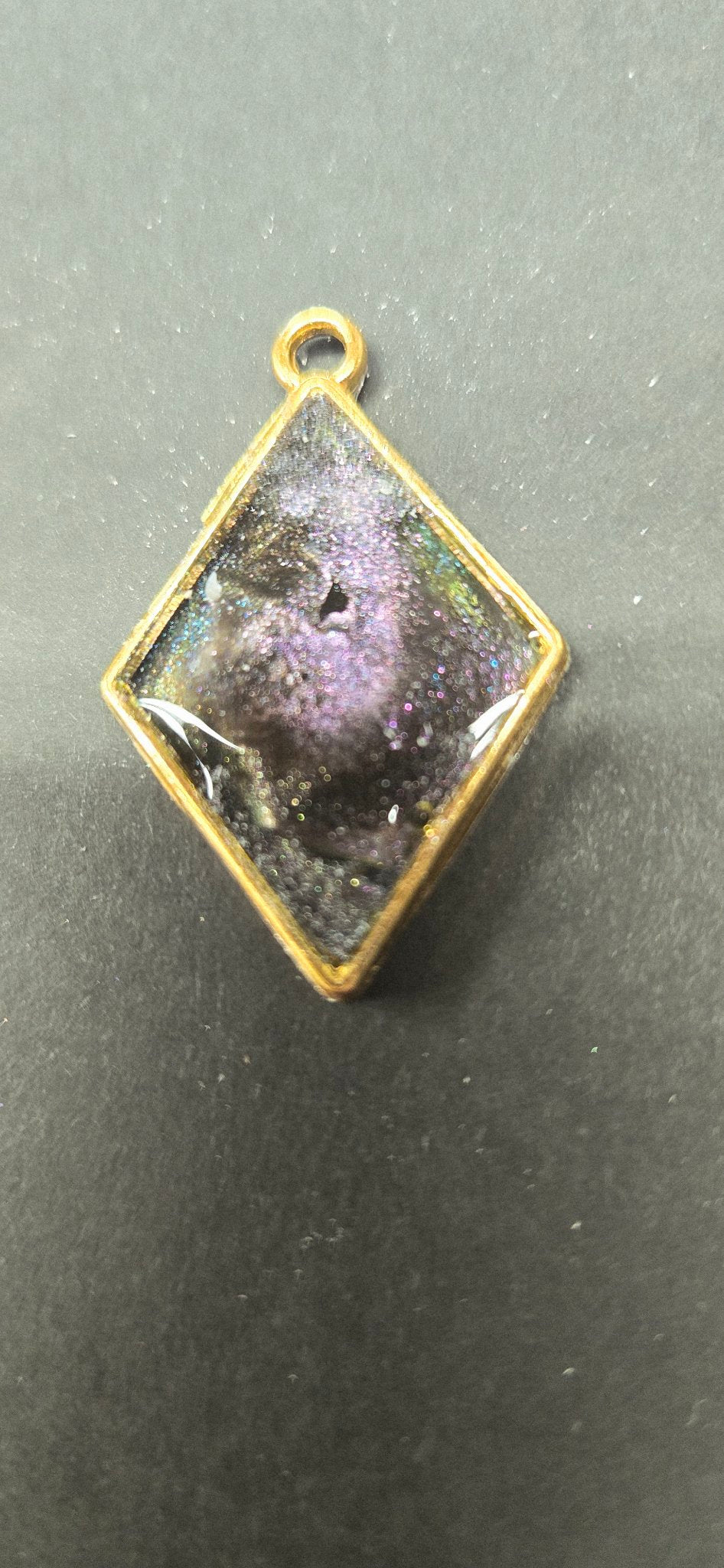 Handmade Dark Iridescent Chameleon Resin Pendant – Diamond Shape, Gold Setting