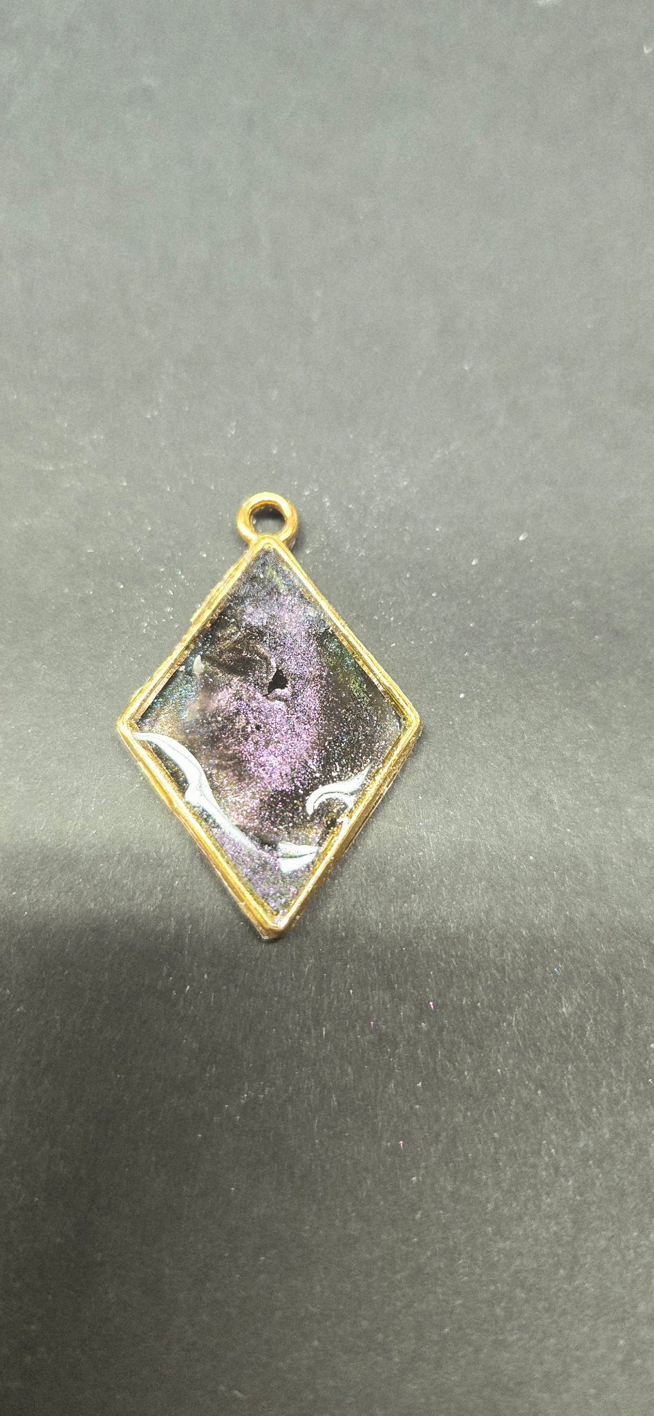 Handmade Dark Iridescent Chameleon Resin Pendant – Diamond Shape, Gold Setting