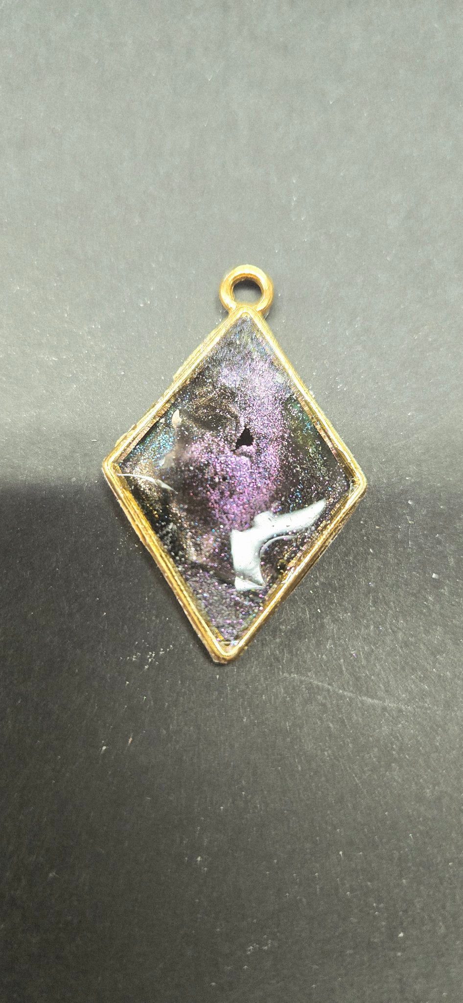 Handmade Dark Iridescent Chameleon Resin Pendant – Diamond Shape, Gold Setting