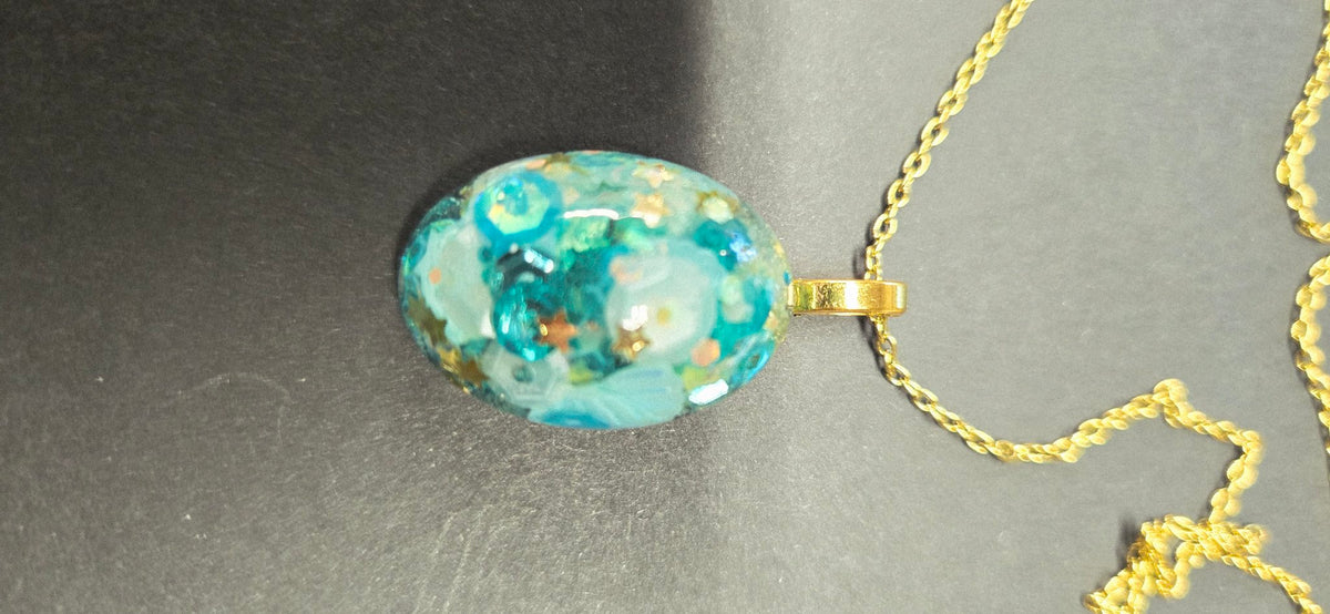 Handmade Aqua Blue Shell Confetti Oval Resin Pendant Necklace – Gold Chain, One of a Kind