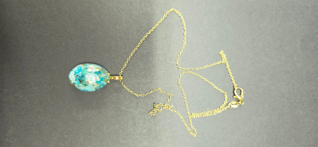 Handmade Aqua Blue Shell Confetti Oval Resin Pendant Necklace – Gold Chain, One of a Kind