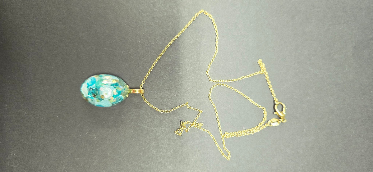 Handmade Aqua Blue Shell Confetti Oval Resin Pendant Necklace – Gold Chain, One of a Kind