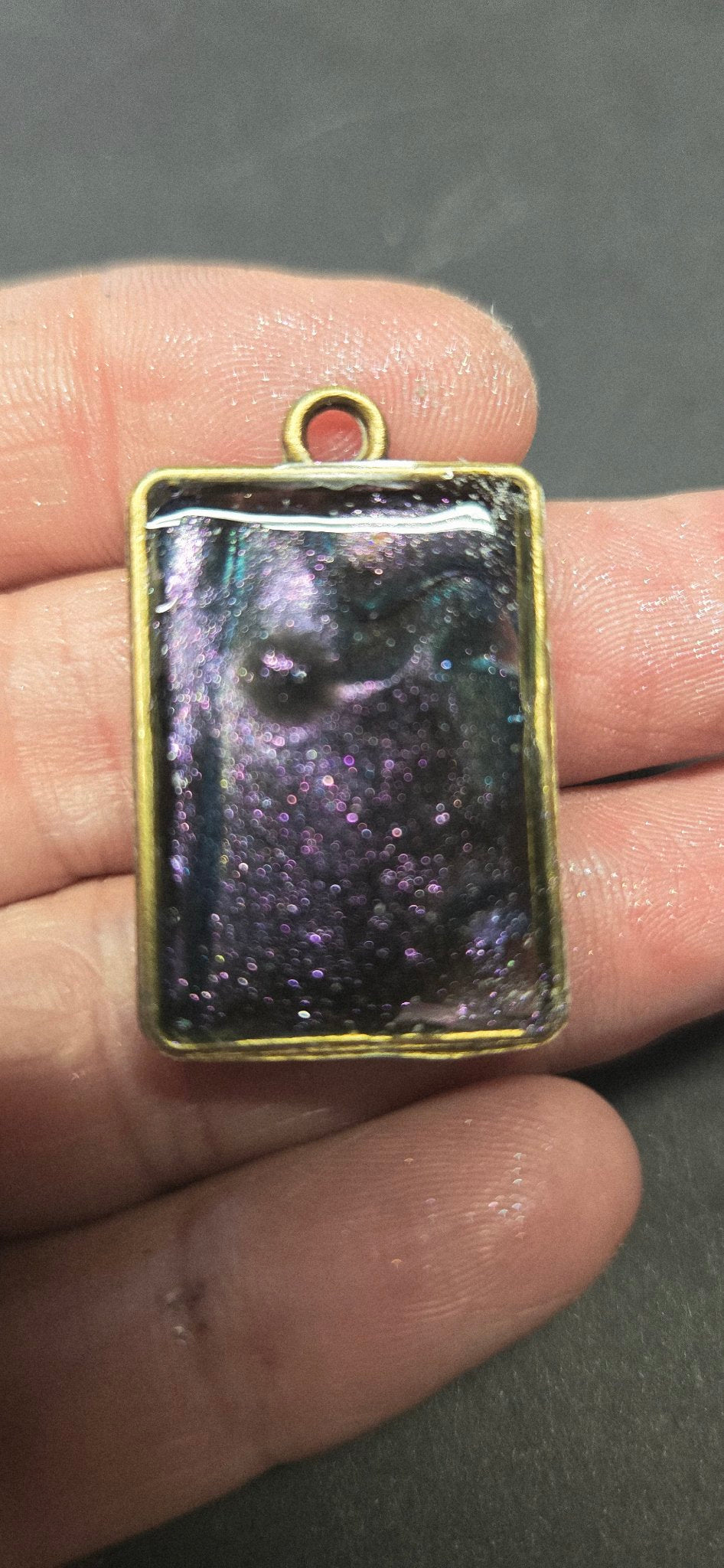 Handmade Purple Chameleon Resin Pendant – Rectangle, Bronze Setting