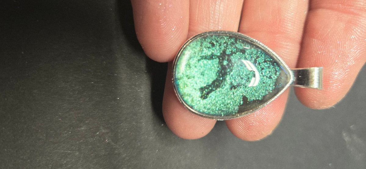 Handmade Green Chameleon Resin Pendant – Teardrop, Silver Setting