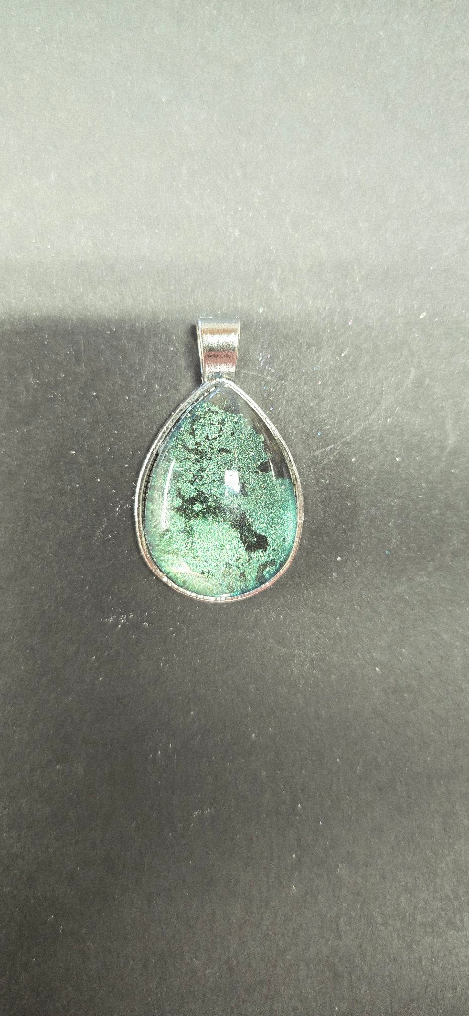 Handmade Green Chameleon Resin Pendant – Teardrop, Silver Setting
