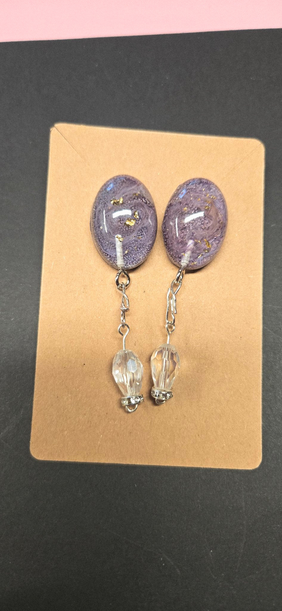 Handmade Purple Gold Flake Petri Resin Oval Dangle Earrings – 2 Inch, One of a Kind
