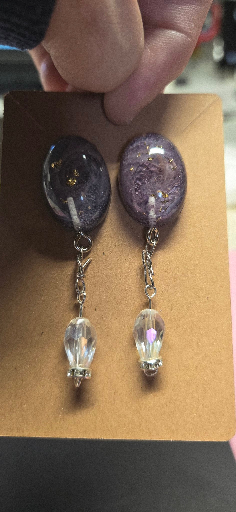 Handmade Purple Gold Flake Petri Resin Oval Dangle Earrings – 2 Inch, One of a Kind