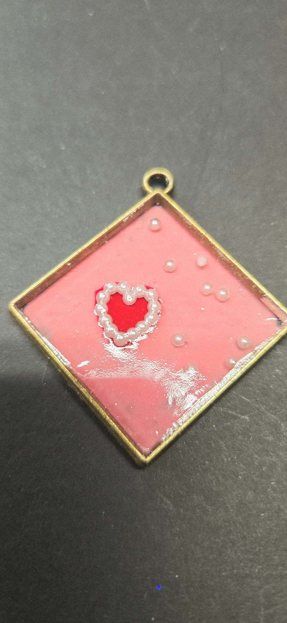 Handmade Pink Pearl Heart Resin Pendant - Diamond Necklace Gift for Her