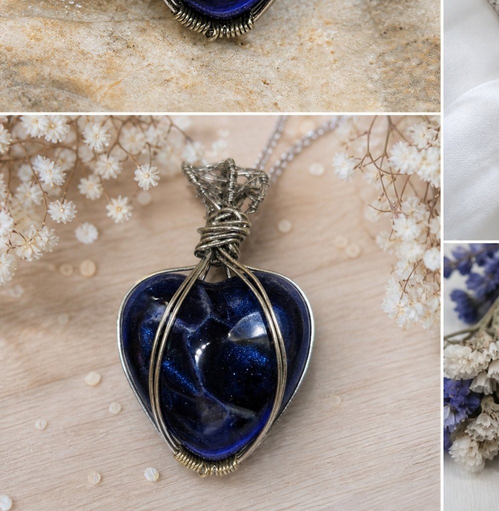 Handmade Wire-Wrapped Blue Heart Pendant Necklace