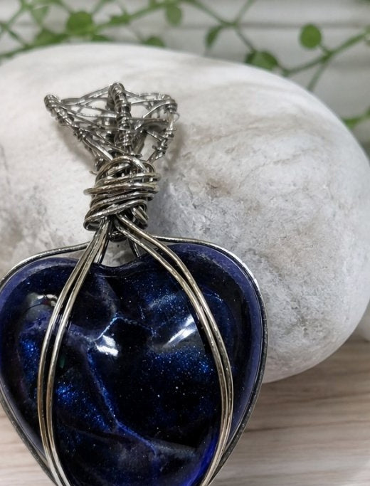 Handmade Wire-Wrapped Blue Heart Pendant Necklace