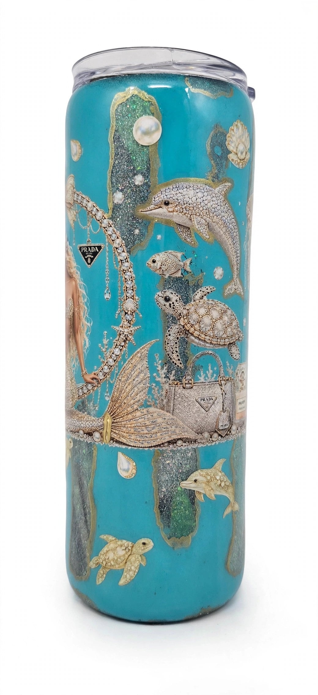 Handmade 20oz Skinny Tumbler – Sea Side Mermaid, Teal & Gold Glitter