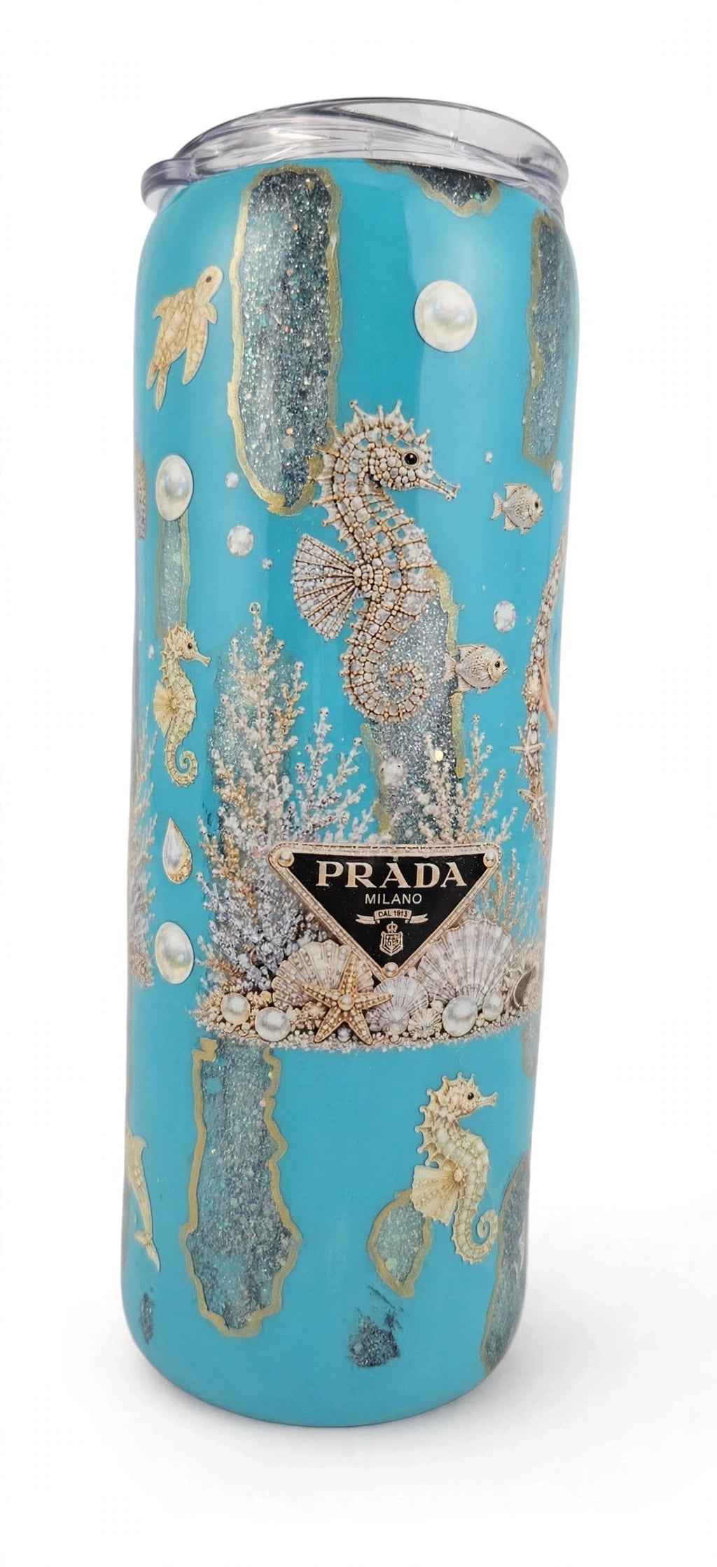 Handmade 20oz Skinny Tumbler – Sea Side Mermaid, Teal & Gold Glitter