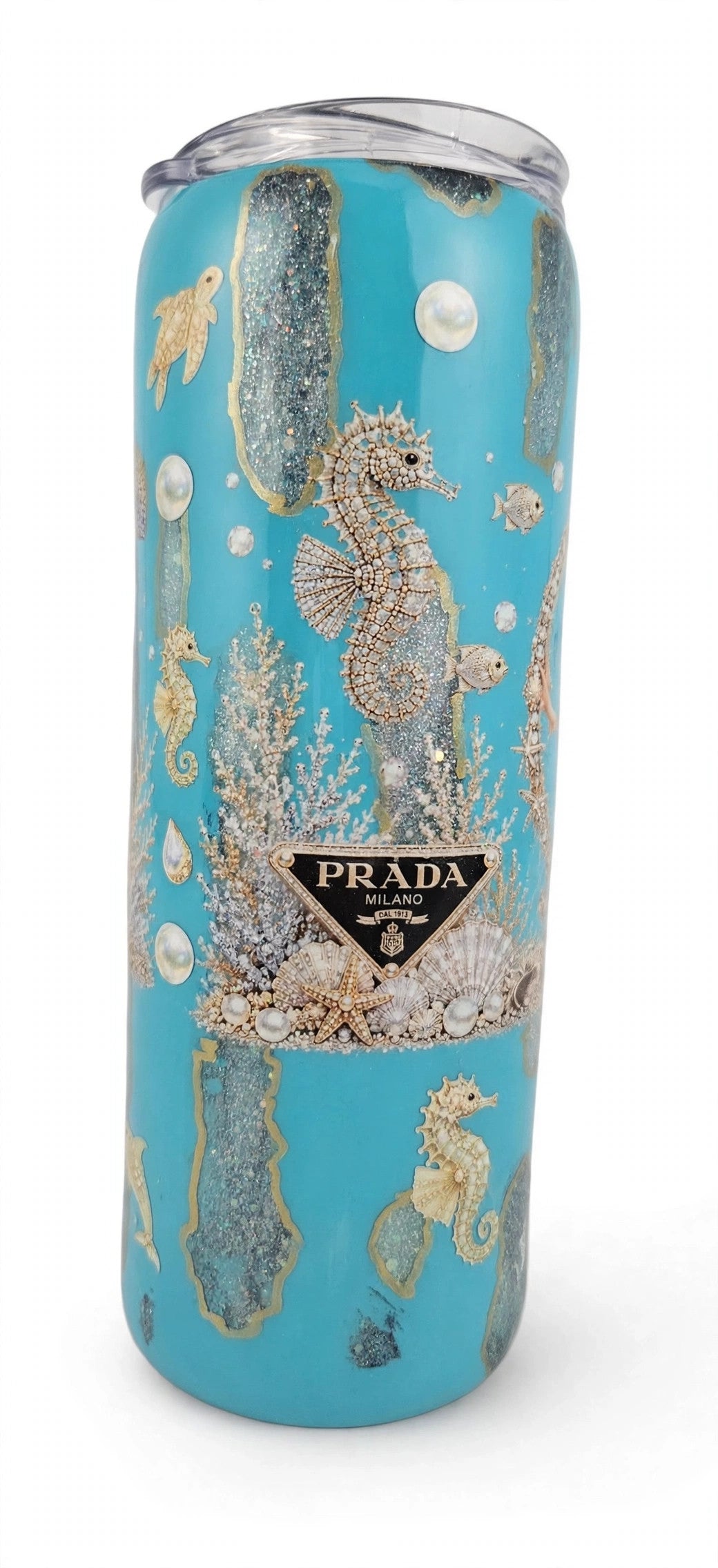 Handmade 20oz Skinny Tumbler – Sea Side Mermaid, Teal & Gold Glitter