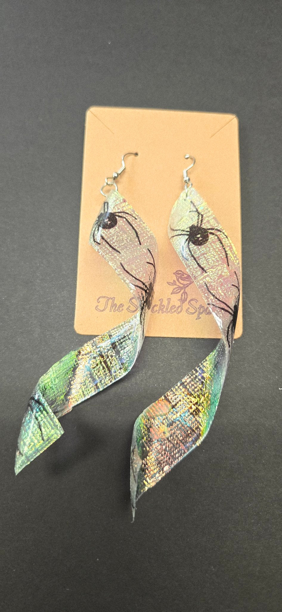 Handmade Holographic Spider Swirl Dangle Earrings - Green Dichroic Glow