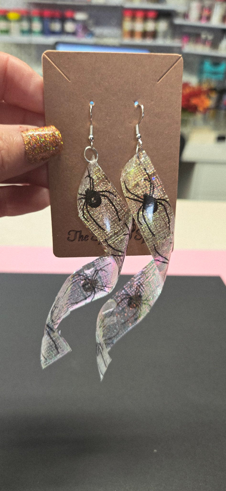 Handmade Holographic Spider Swirl Dangle Earrings - Green Dichroic Glow