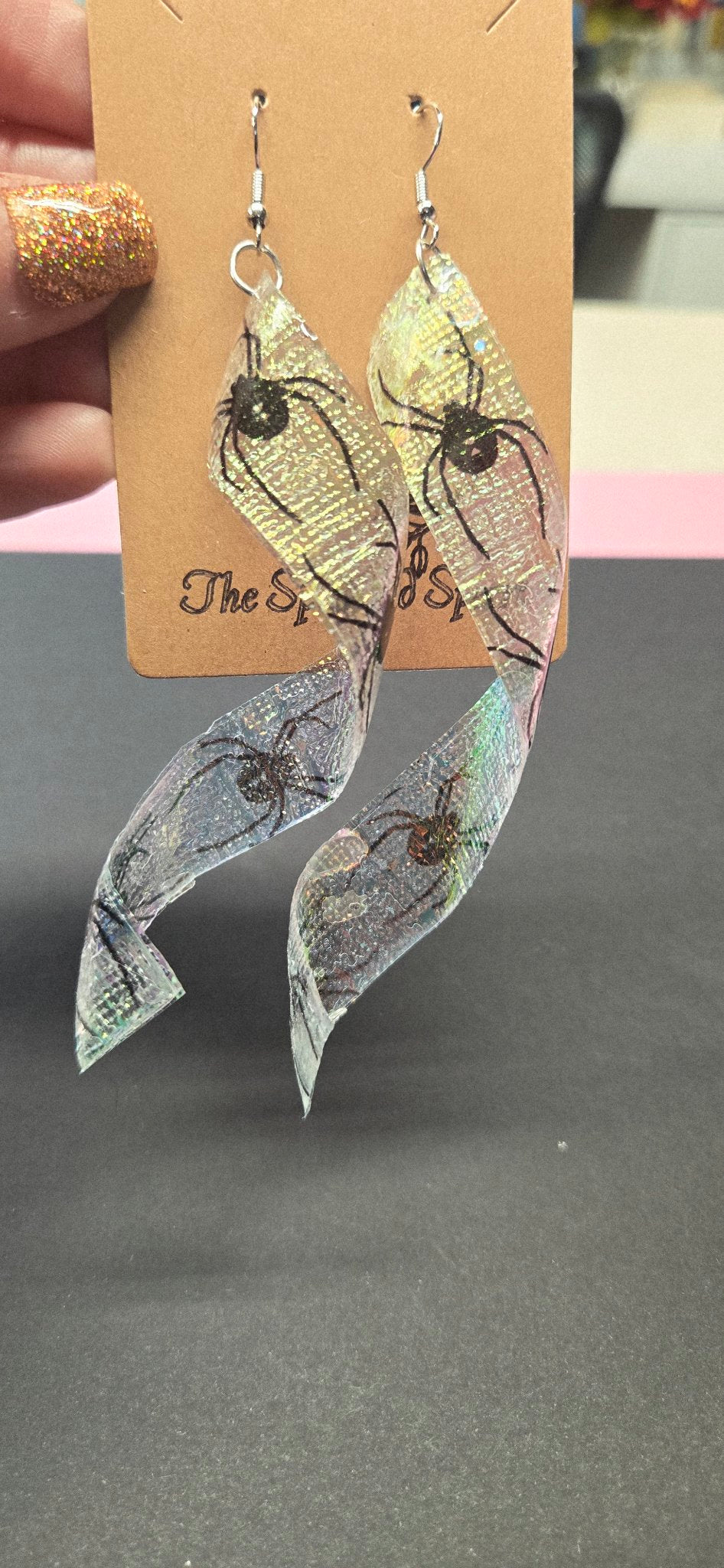 Handmade Holographic Spider Swirl Dangle Earrings - Green Dichroic Glow