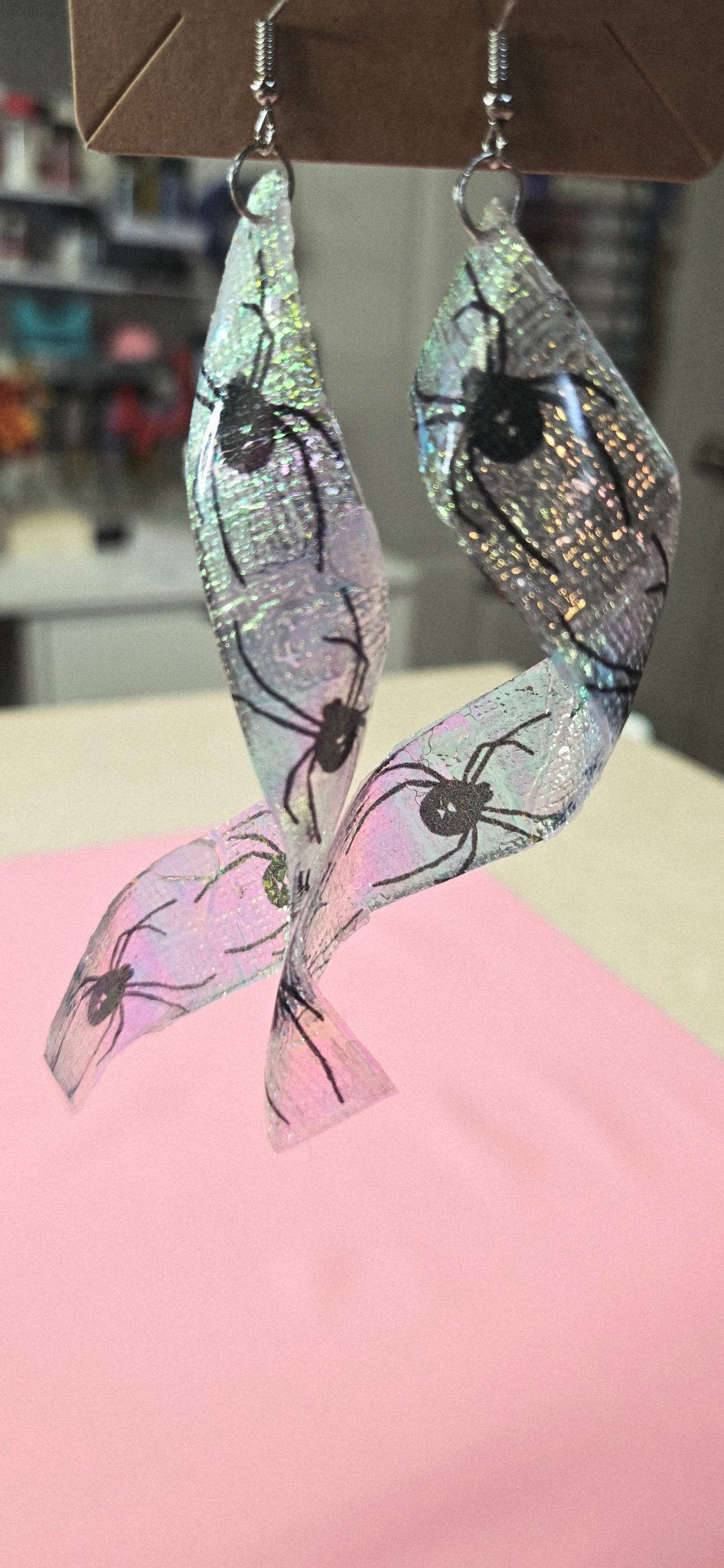 Handmade Holographic Spider Swirl Dangle Earrings - Green Dichroic Glow