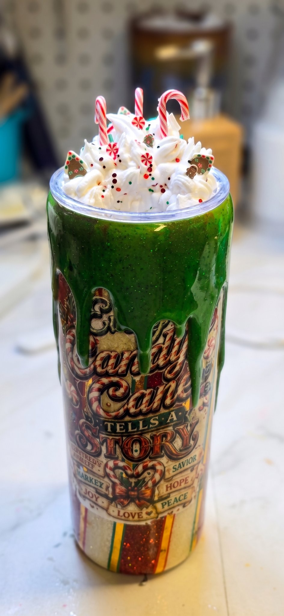 Handmade 20oz Christmas Candy Cane Epoxy Tumbler – Green Drip